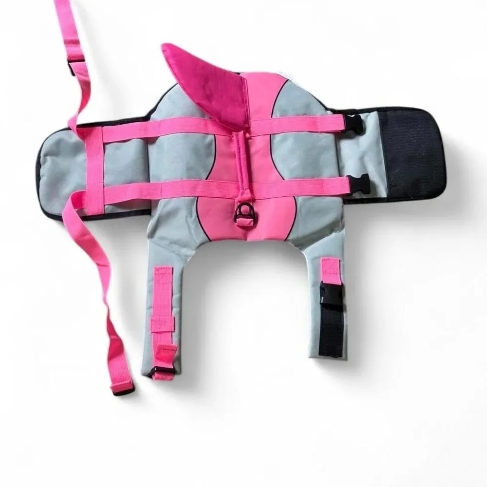 Shark Fin Dog Life Jacket Pink Gray Adjustable Pet Flotation Vest L